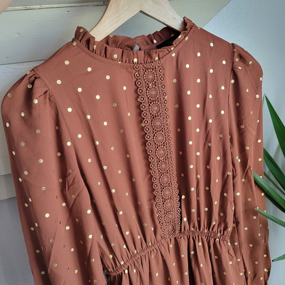 NWT SWEET WANDERER  Brown and Gold Polka Bohemian Dress - Picture 5 of 14